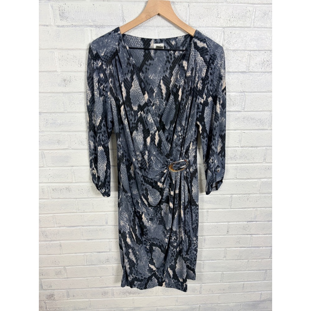 Cache Faux Wrap Dress Womens XL Blue Snakeskin Print V Neck 3/4 Sleeve